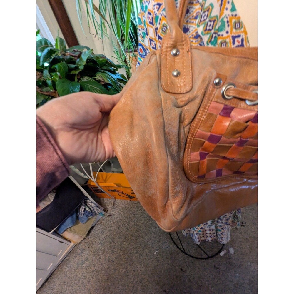 Sofia C. Genuine Leather Satchel Handbag Woven Checkerboard Flower Charm Purse - Picture 3 of 7